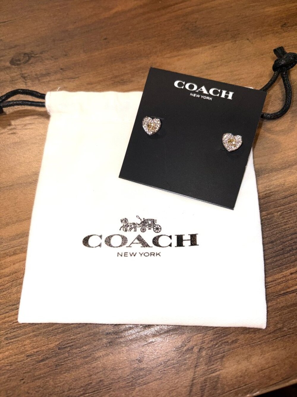 Coach Crystal Heart C Logo Stud Earrings Gold Tone